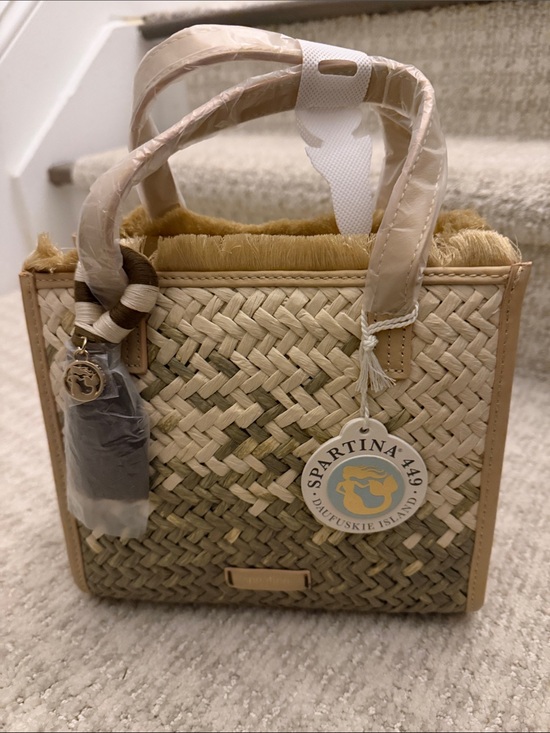 Spartina 449 Handbags - Spartina 449 Natural & Olive Green Straw Tote with Tan Trim and Fringe